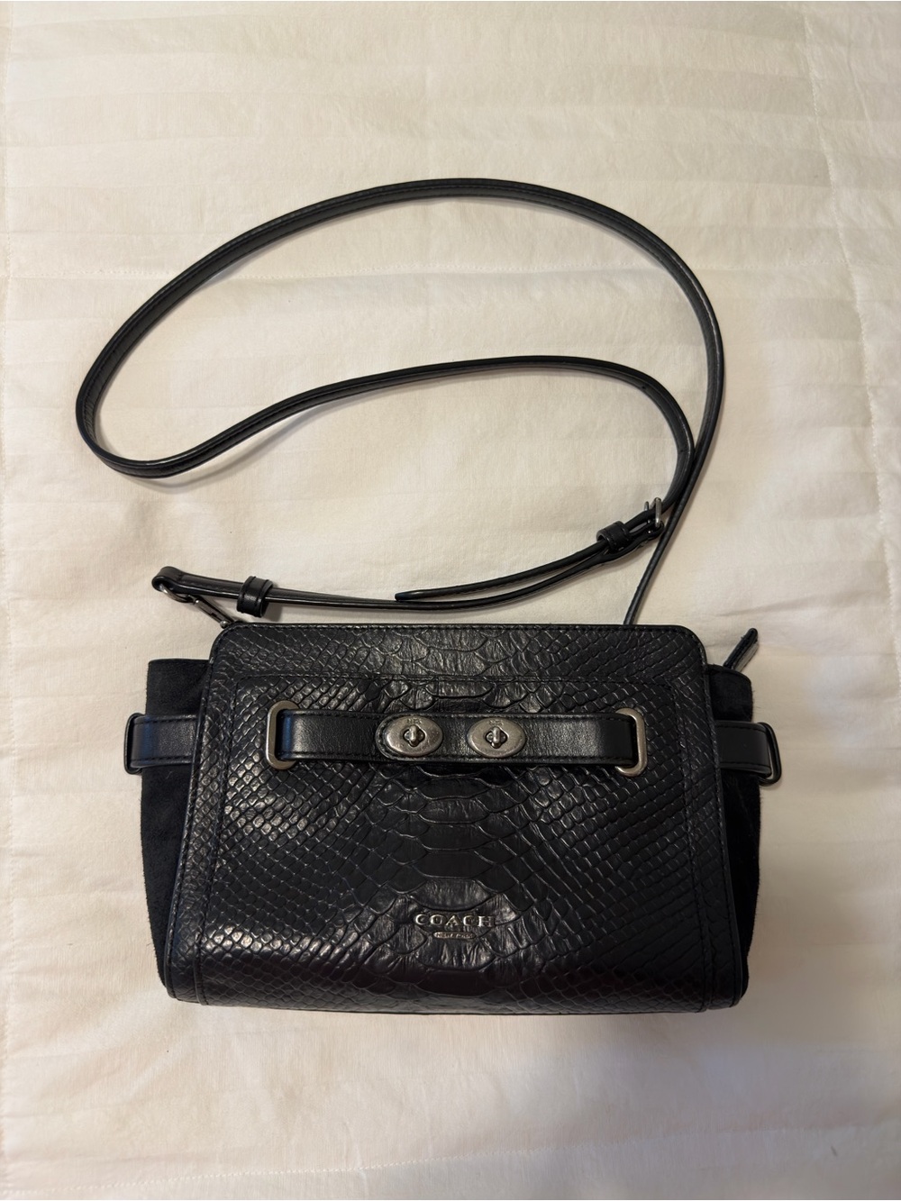 Coach Black Croc-Embossed Leather Crossbody with Turnlock Strap Detail